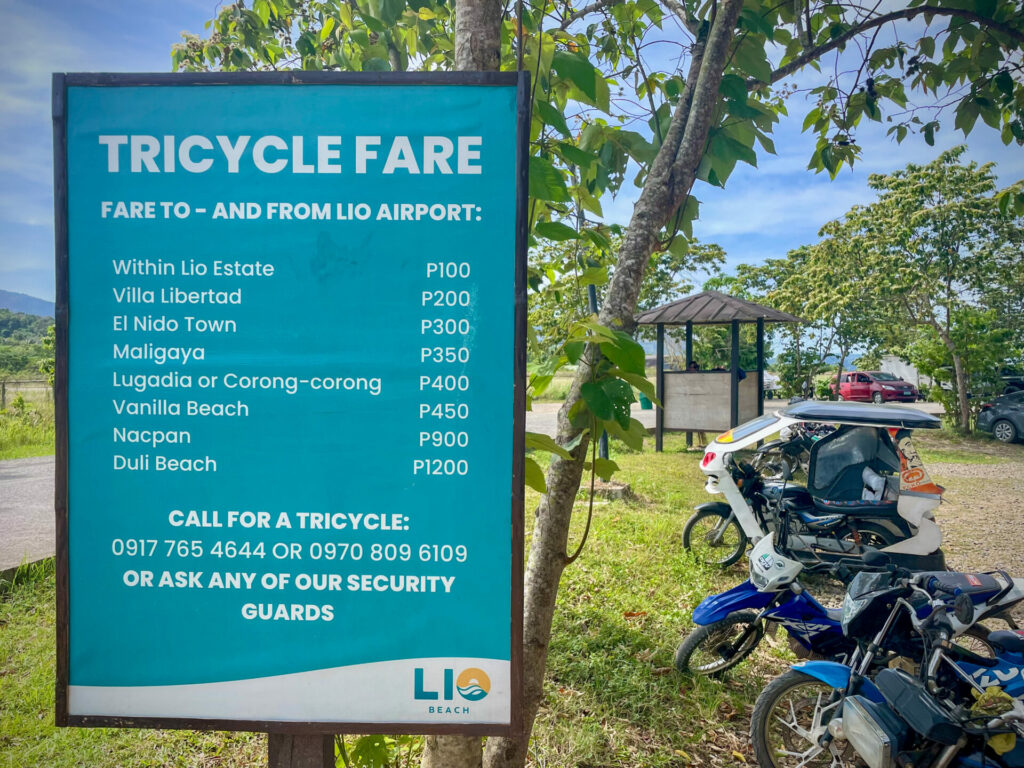 Tarifs tuk-tuks Lio aéroport El Nido